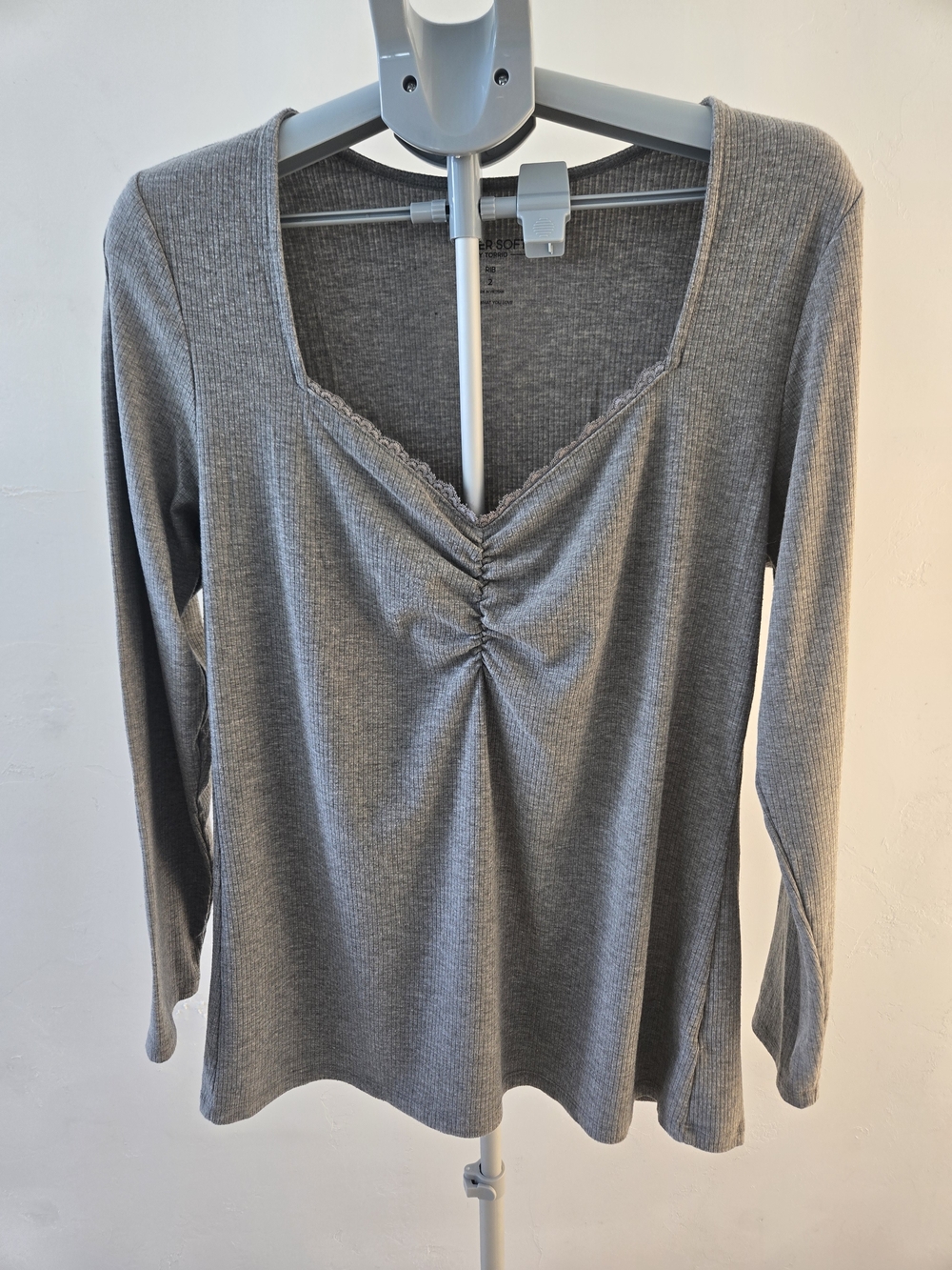 torrid Gray Ribbed Long-Sleeve V-Neck Gathered Top
